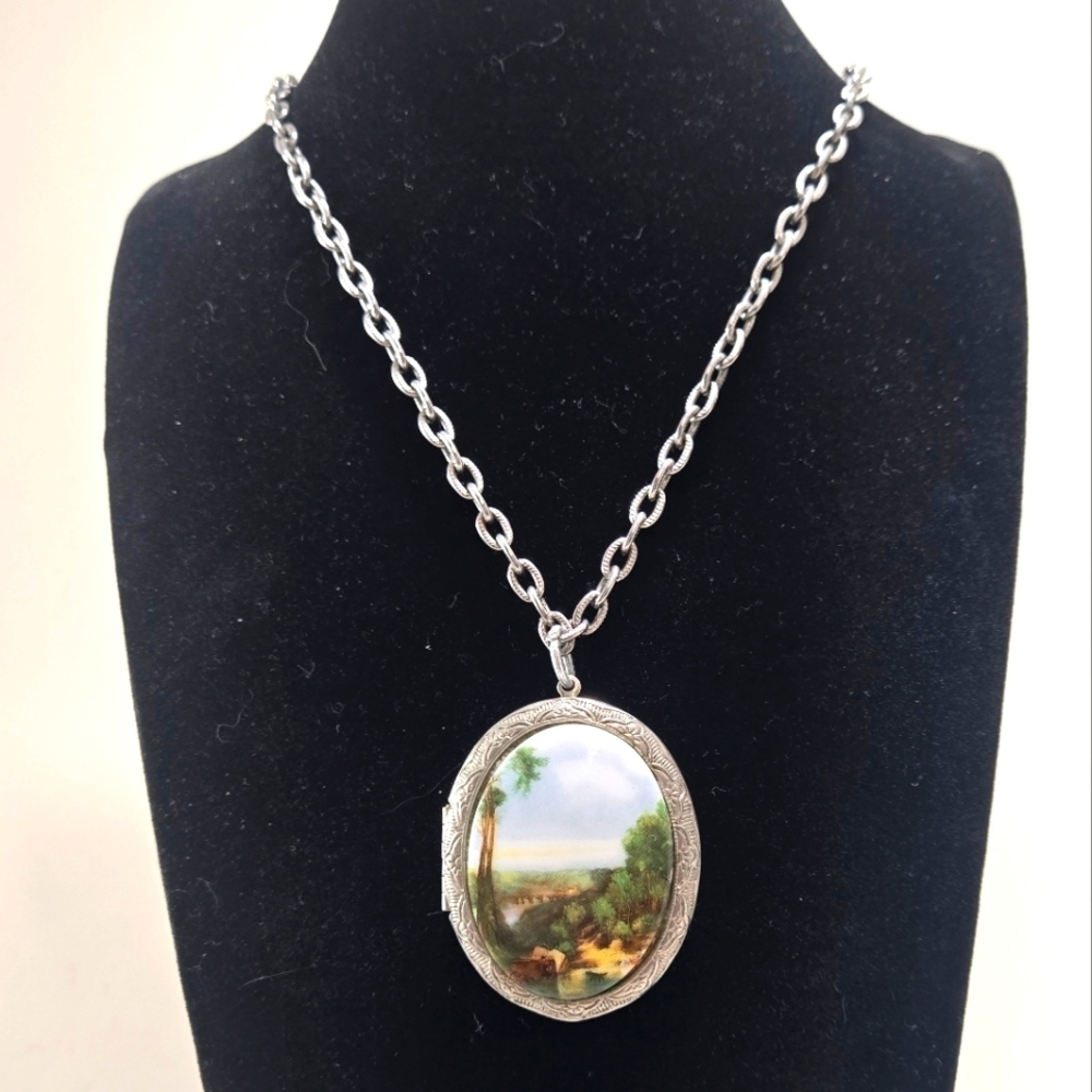 Locket Silvertone Necklace Watercolor Landscape Painting Cameo 24" Chain